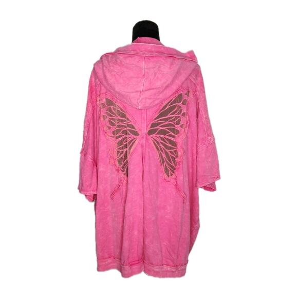 J.Her Mineral Wash Butterfly Hoodie Open Front Oversized Shacket Pink Size 3XL - Picture 5 of 10